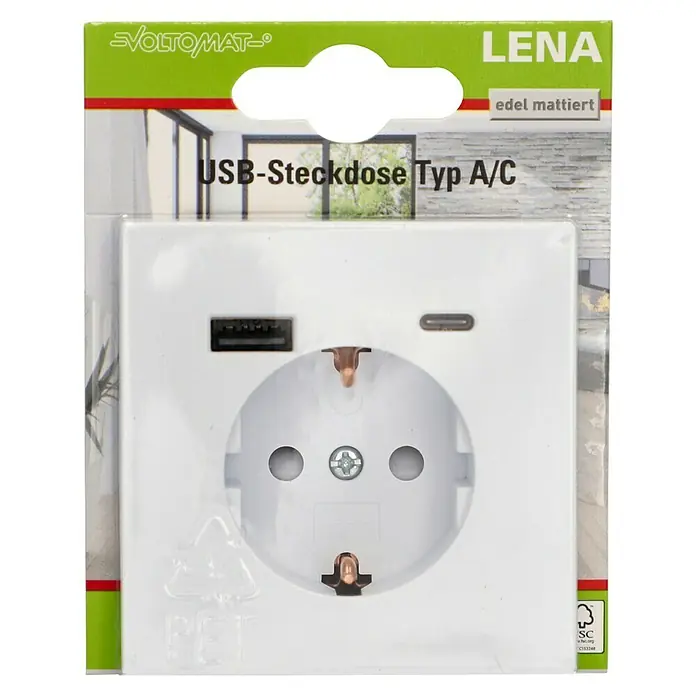 Voltomat USB-Steckdose Typ A/C Lena - Polarweiß, Matt, Kunststoff, Unterputzmontage - USB-Steckdose Typ A/C von LENA edel mattiert für den universellen Einsatz. Die Steckdose mit USB Anschluss vereint Funktionalität und Design.