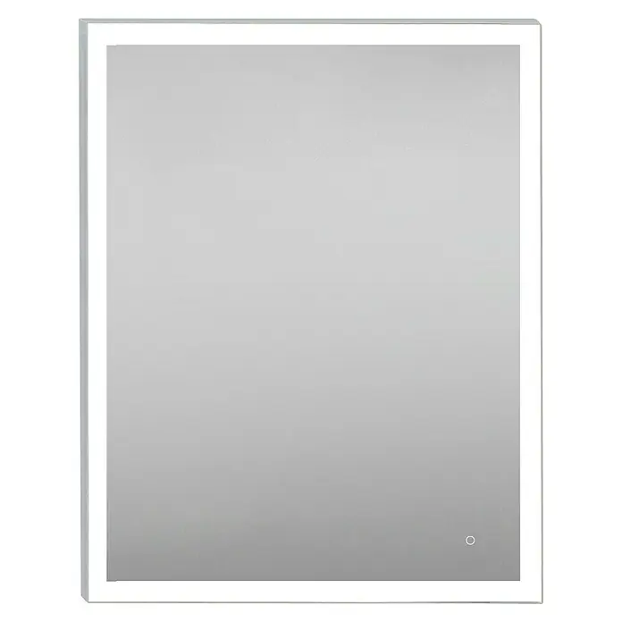 Lichtspiegel Etna - 60 x 70 cm, Stahl, Sensor - Nahaufnahme eines rechteckigen Spiegels mit integrierter Beleuchtung, der ein modernes und funktionales Design aufweist.