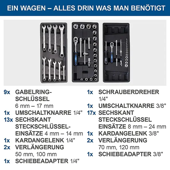 Scheppach Werkstattwagen TW 1150 - L x B x H: 760 x 460 x 965 mm, Anzahl Schubladen: 6 Stk., 70 -tlg. - Werkzeugwagen-Inhalt: 9 Gabelringschlüssel, 2 Umschaltknarren, 2 Adapter, Schraubendreher und 30 Sechskant-Steckschlüssel-Einsätze.