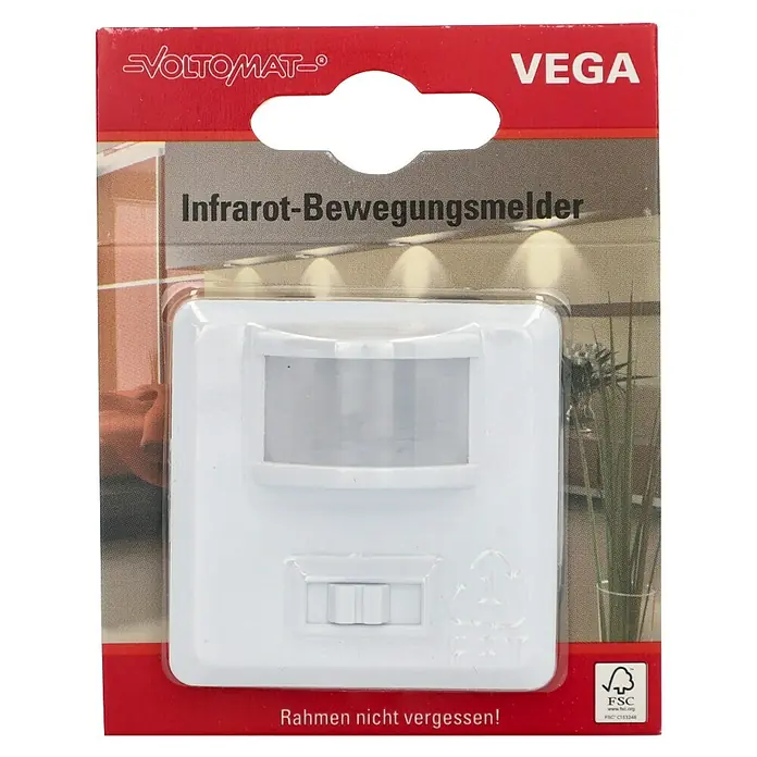 Voltomat Infrarot-Bewegungsmelder Vega - Polarweiß, Erfassungswinkel: 180 ° - Infrarot-Bewegungsmelder von Voltomat Vega in weißer Verpackung. Ideal zur automatischen Steuerung von Beleuchtung und Sicherheitssystemen.