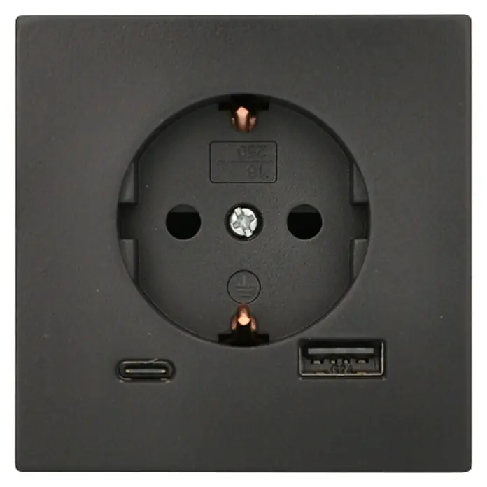 Voltomat USB-Steckdose Typ A/C Lena - Anthrazit, Matt, Kunststoff, Unterputzmontage - Steckdose mit USB- und USB-C-Anschlüssen.