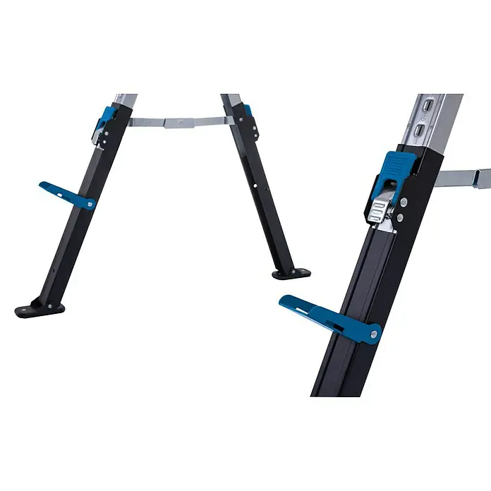 Scheppach Arbeitsblock-Set MWB700-Set - Höhenverstellung: 615 mm - 820 mm, 2 -tlg. - Detailaufnahme einer Leiter mit blauen Sicherheitsmerkmalen, die Stabilität und sichere Nutzung gewährleisten.