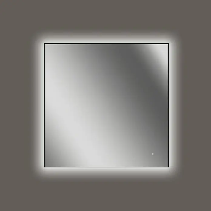 Lichtspiegel Emma - 80 x 80 cm, Schwarz, Sensor - Quadratischer LED-beleuchteter Spiegel mit schwarzem Rahmen für eine moderne Badezimmerbeleuchtung und stilvolle Reflexionen.