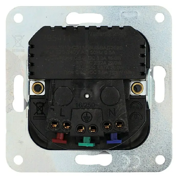 Voltomat USB-Steckdose Typ A/C Vega - Ultraweiß, Matt, Kunststoff, Unterputzmontage - Nahaufnahme einer Geräterückseite mit verschiedenen Anschlüssen und technischen Details für die Installation.