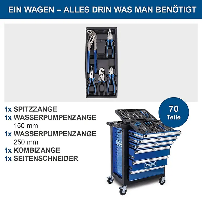 Scheppach Werkstattwagen TW 1150 - L x B x H: 760 x 460 x 965 mm, Anzahl Schubladen: 6 Stk., 70 -tlg. - Werkzeugwagen mit 70 Teilen, inklusive Zangen wie Spitzzange, Wasserpumpenzange (150/250 mm), Kombizange und Seitenschneider.