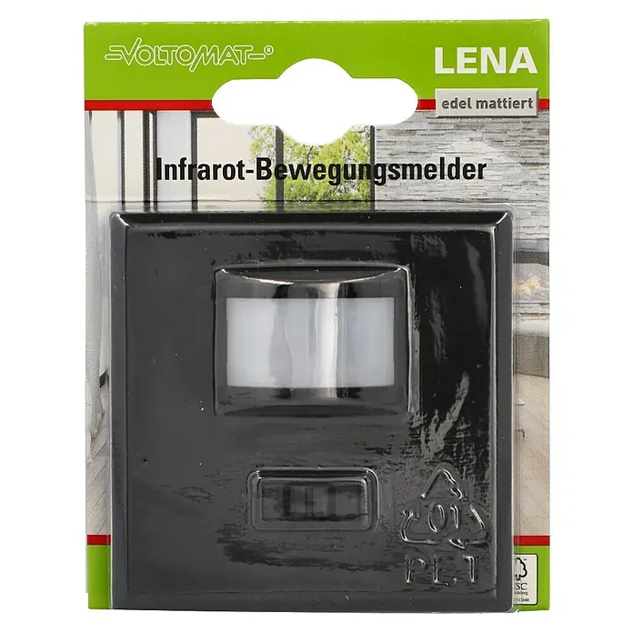 Voltomat Infrarot-Bewegungsmelder Lena - Anthrazit, Matt - Nahaufnahme des Voltomaten LENA Infrarot-Bewegungsmelders in schwarzer Verpackung.