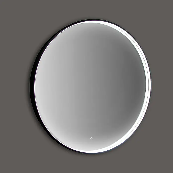 Lichtspiegel Noa - 80 x 80 cm, Durchmesser: 80 cm, Schwarz, Sensor - Runder Spiegel mit integrierter LED-Beleuchtung und schmalem, schwarzem Rahmen für ein modernes Badezimmerdesign.