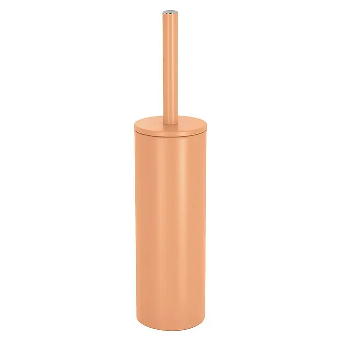 Spirella Conjunto de escobilla Akira - Acero inoxidable, Melocotón - Primer plano de un escobillero moderno color salmón con recipiente cilíndrico y mango delgado.
