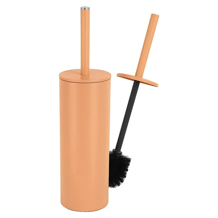 Spirella Conjunto de escobilla Akira - Acero inoxidable, Melocotón - Un escobillero de baño naranja con soporte. El conjunto consta de un recipiente y un cepillo con cabezal negro.
