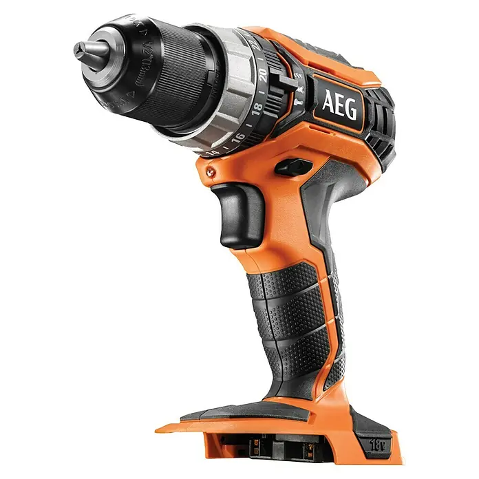 AEG Pro 18V Akku-Schlagbohrschrauber-Set BSB 18C2X - 18 V, 2 Akkus, 4 Ah, 60 Nm - Abbildung einer AEG 18V Akku-Bohrmaschine mit einem schwarzen und orangefarbenen Design.