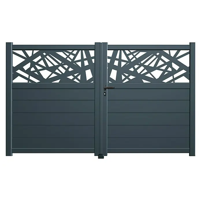 GHP360 Gartentor PH06 - 300 x 180 cm, Anthrazit, Metall - Graues modernes Gartentor mit abstraktem Ausschnittmuster im oberen Bereich und horizontalen Paneelen.