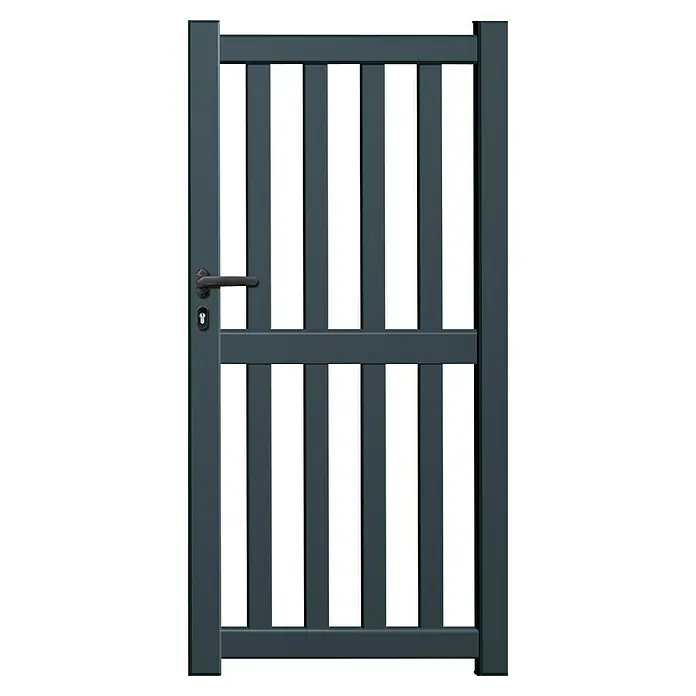 GHP360 Gartentor BC07 - 100 x 180 cm, Anthrazit, Metall - Ein graues Gartentor mit vertikalen Streben und einem Griff. Ideal für den modernen Garten, bietet Sicherheit und Privatsphäre.