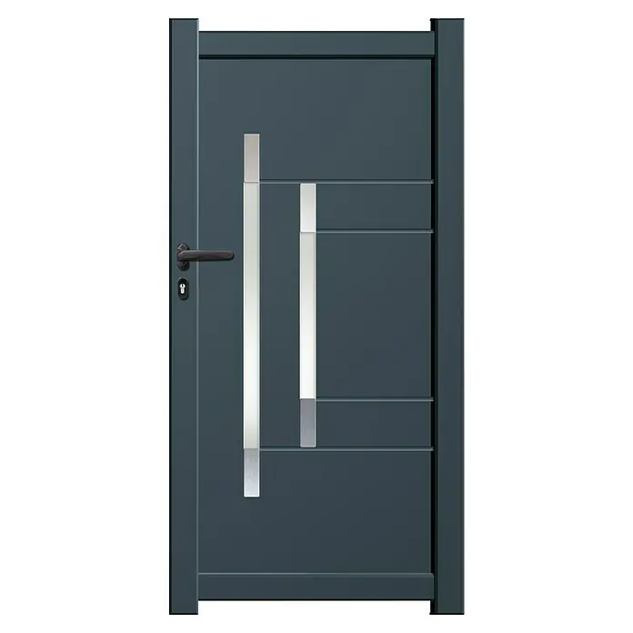 GHP360 Gartentor PH11 - 100 x 180 cm, Anthrazit, Metall - Moderne Haustür in Anthrazit mit linearen Designelementen und einem eleganten, dunklen Türgriff.
