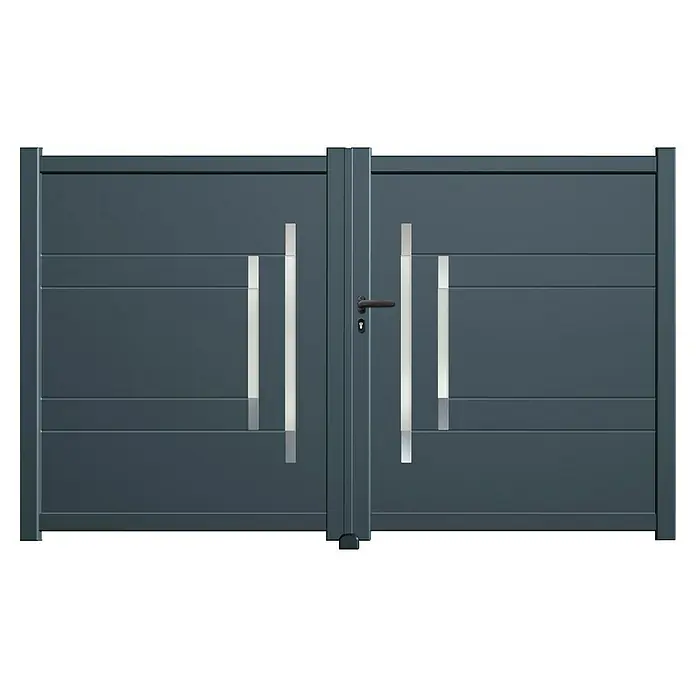 GHP360 Gartentor PH11 - 300 x 180 cm, Anthrazit, Metall - Bild einer modernen grauen Aluminiumtoranlage mit silbernen Griffen. Die Toranlage ist schlicht und elegant gestaltet.