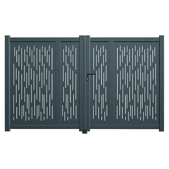 GHP360 Gartentor PH05 - 300 x 180 cm, Anthrazit, Metall - Nahaufnahme eines grauen Gartentors mit Griff. Das Tor hat ein schlichtes, modernes Design und ist in einem dunklen Grauton gehalten.
