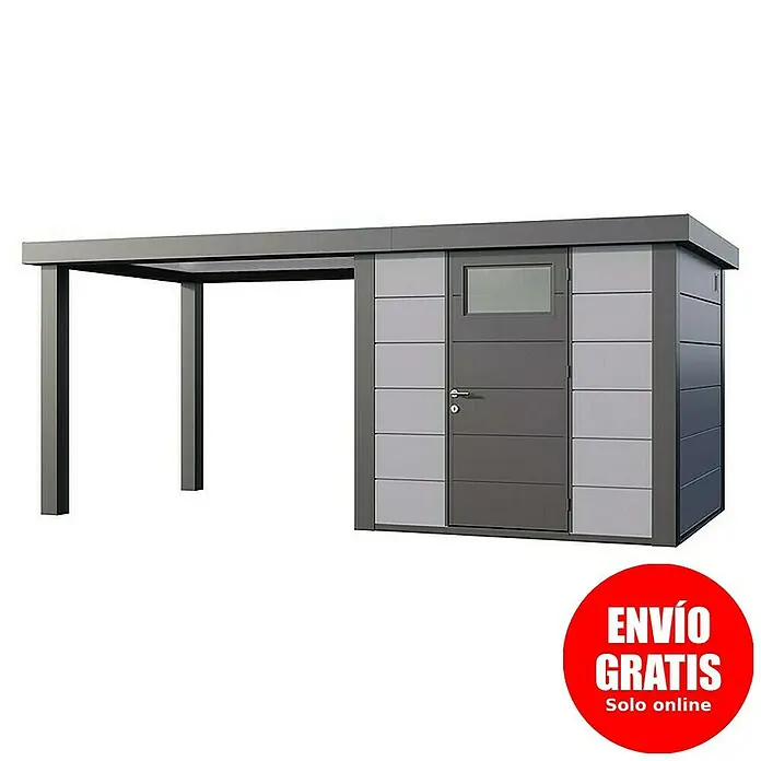 Telluria Caseta para jardín Classico 2424 con salón abierto a la izquierda - Medidas ext. (An x Pr): 542 x 258 cm, Acero, Gris claro/Antracita, Sin set - Caseta de jardín gris con toldo, perfecta para guardar herramientas de jardín y proporcionar refugio.