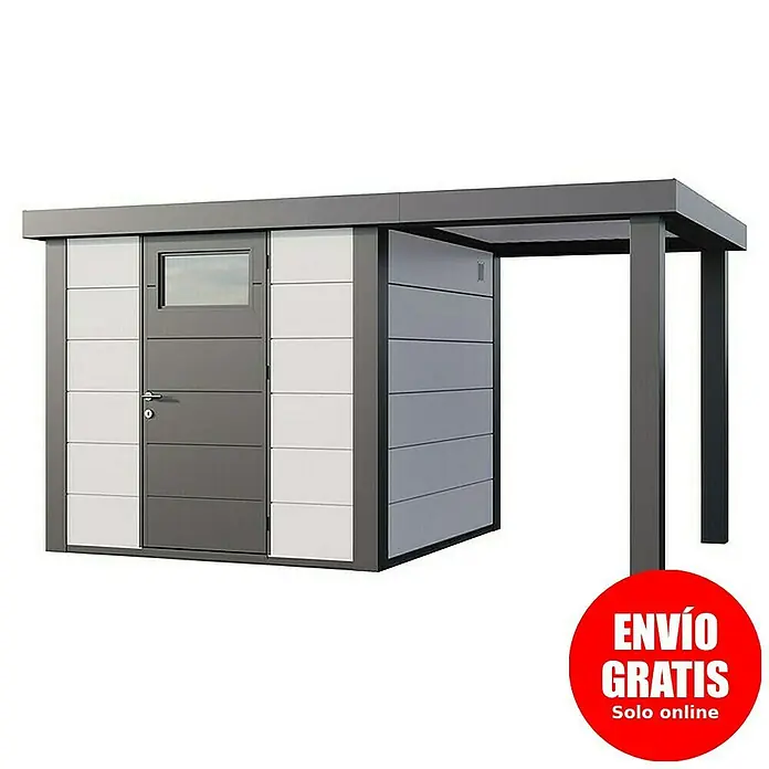Telluria Caseta para jardín Classico 2424 con salón abierto a la derecha - Medidas ext. (An x Pr): 426 x 258 cm, Acero, Blanco/Antracita, Sin set - Caseta de jardín moderna con toldo. Ideal para guardar herramientas y equipos de jardinería, con un diseño elegante.