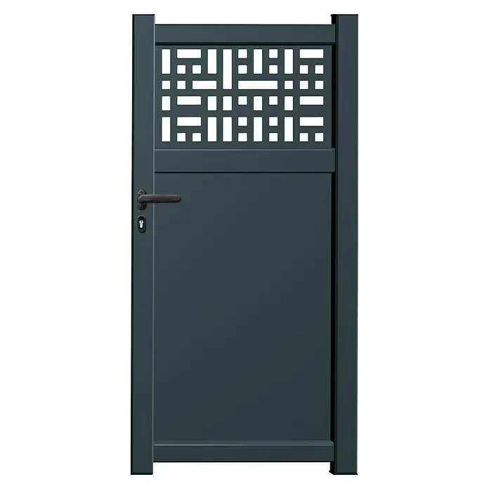 GHP360 Gartentor PH14 - 100 x 180 cm, Anthrazit, Metall - Nahaufnahme eines modernen grauen Gartentors mit dekorativen Aussparungen im oberen Bereich und einem Griff.