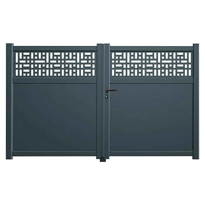 GHP360 Gartentor PH14 - 300 x 180 cm, Anthrazit, Metall - Abgebildet ist ein graues Gartentor mit einem Griff und einem Schloss. Das Tor ist aus Metall gefertigt und hat ein modernes Design.