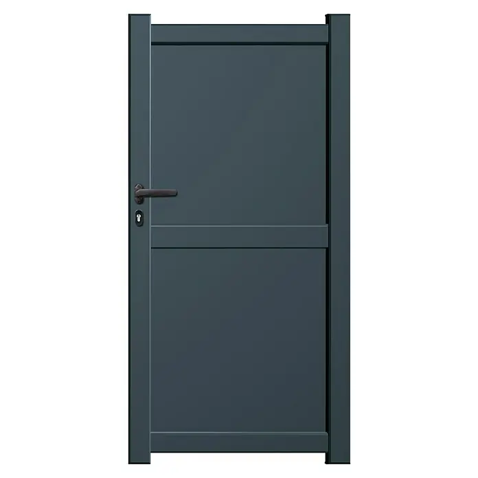 GHP360 Gartentor PH13 - 100 x 180 cm, Anthrazit, Metall - Nahaufnahme einer stilvollen, grauen Gartentür mit einem eleganten Griff und einem dezenten Schloss.