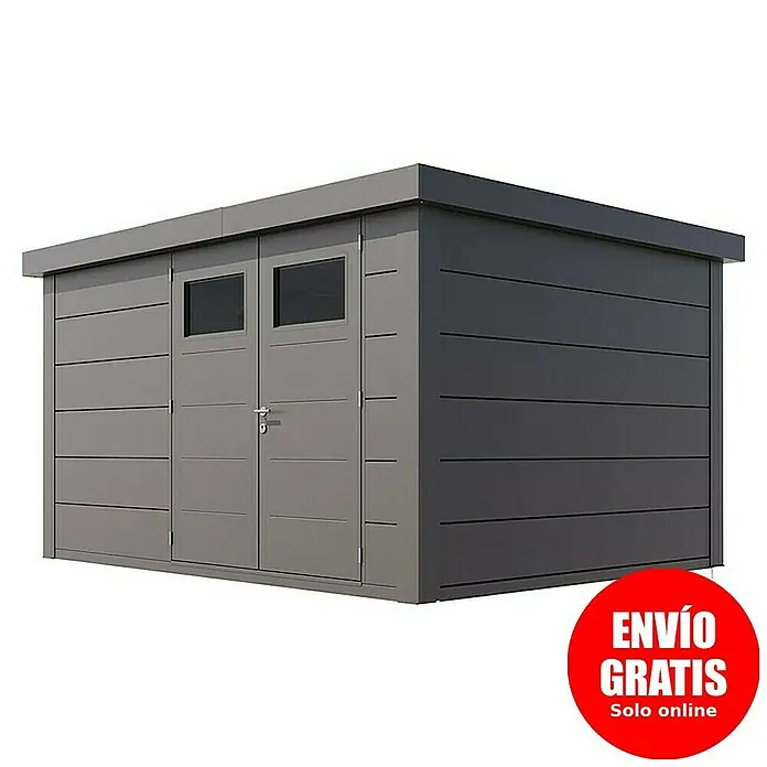 Telluria Caseta para jardín Classico 3930 - Medidas ext. (An x Pr): 408 x 318 cm, Acero, Antracita, Sin set - Imagen de un cobertizo de jardín moderno de color gris con puertas dobles y ventanas.