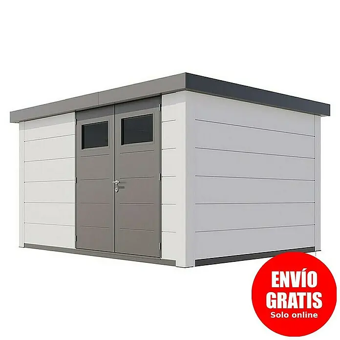 Telluria Caseta para jardín Classico 3930 - Medidas ext. (An x Pr): 408 x 318 cm, Acero, Blanco, Sin set - Una caseta de jardín moderna con puertas dobles y techo gris. Ideal para guardar herramientas y equipos de jardín.