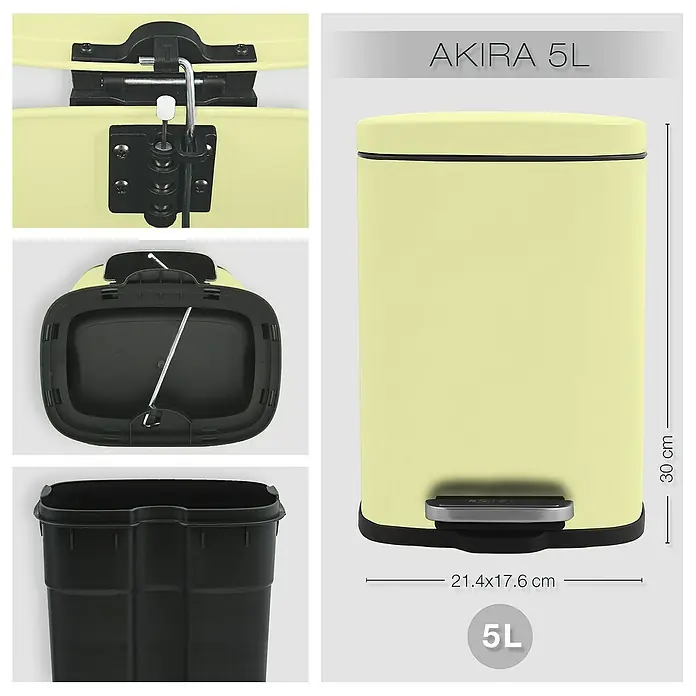 Spirella Cubo con pedal Akira - 5 l, Acero inoxidable, Amarillo - Vistas varias del cubo de pedal AKIRA 5L en amarillo, destacando su funcionalidad y tamaño compacto.