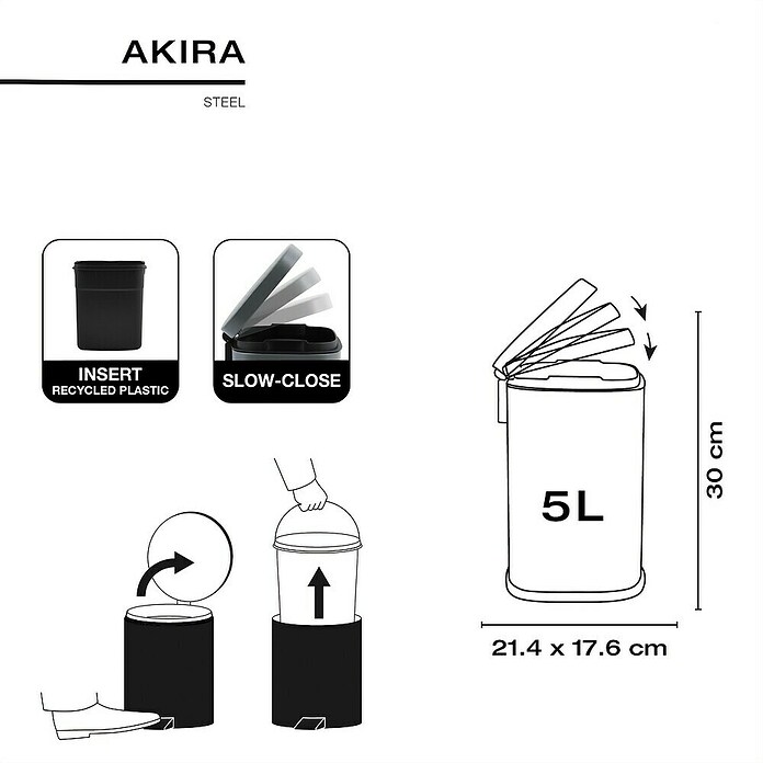 Spirella Cubo con pedal Akira (5 l, Verde oscuro, Rectangular, Acero inoxidable)