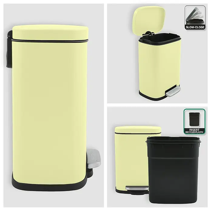 Spirella Cubo con pedal Akira - 5 l, Acero inoxidable, Amarillo - Imagen de tres vistas de un cubo de basura amarillo con pedal, con tapa de cierre suave e inserto de plástico reciclado.