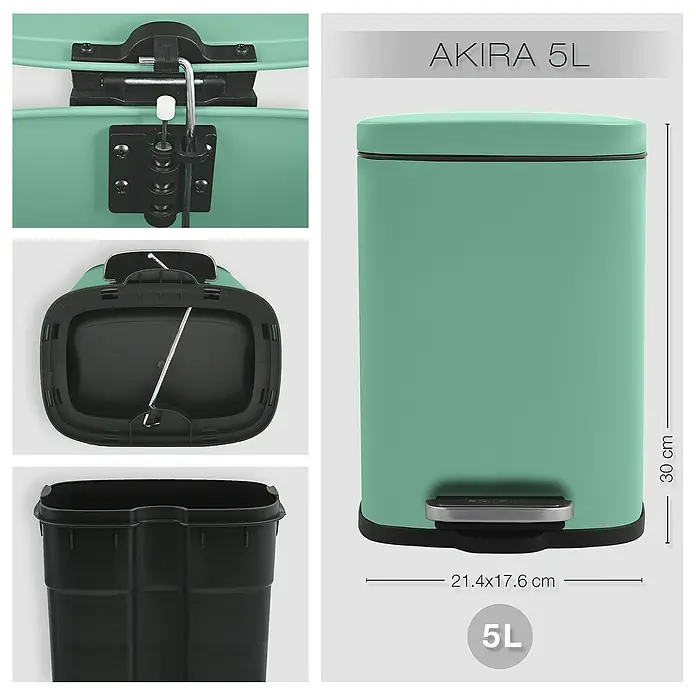 Spirella Cubo con pedal Akira - 5 l, Acero inoxidable, Verde - Vista detallada del cubo de basura con pedal AKIRA 5L verde menta, incluyendo interior y dimensiones.