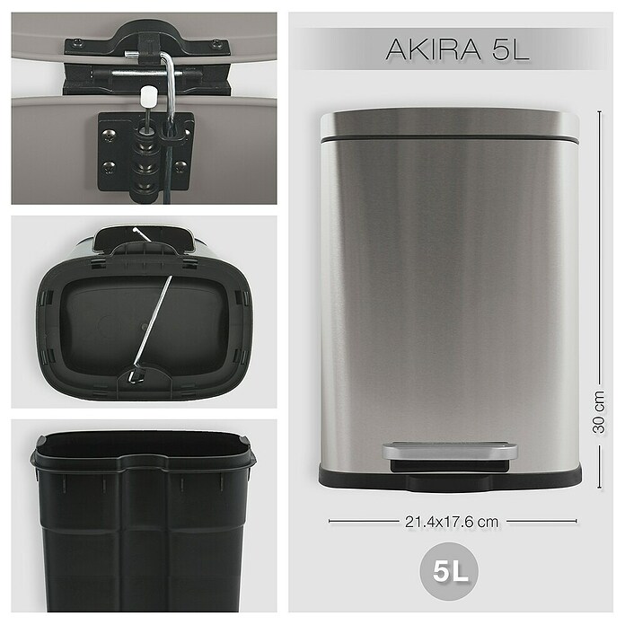 Cubo con pedal Akira (5 l, Acero inoxidable, Rectangular, Acero inoxidable)