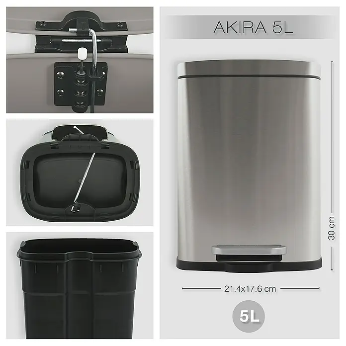 Spirella Cubo con pedal Akira - 5 l, Acero inoxidable, Acero inoxidable - Imagen de un cubo de basura a pedal AKIRA 5L plateado, mostrando detalles del mecanismo de la tapa y el cubo interior.