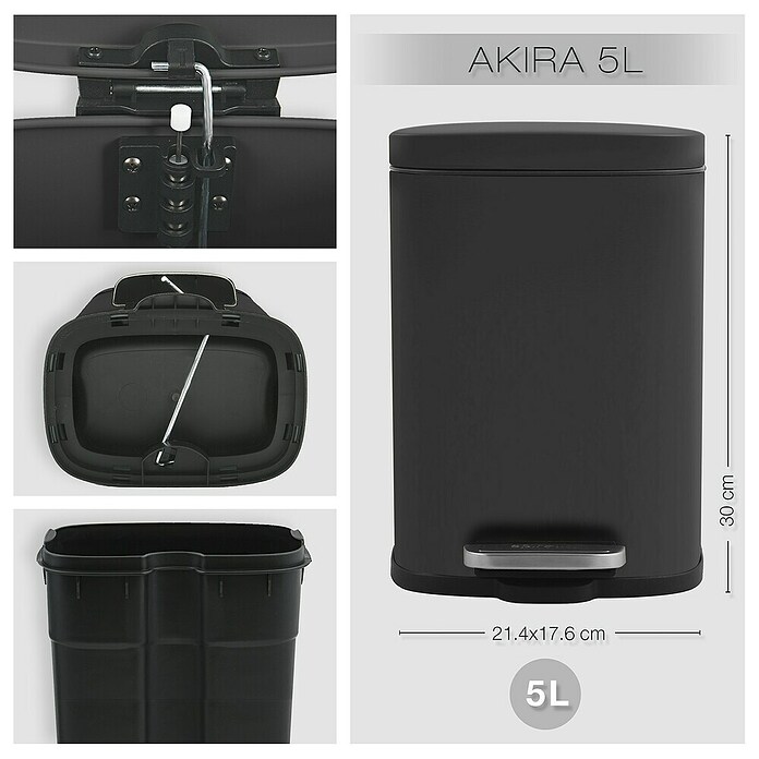 Cubo con pedal Akira (5 l, Negro, Rectangular, Acero inoxidable)