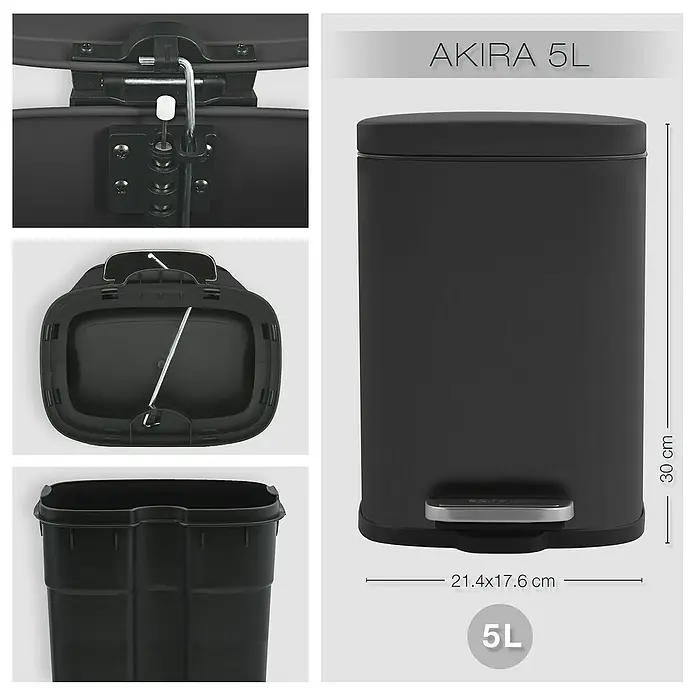 Spirella Cubo con pedal Akira - 5 l, Acero inoxidable, Negro - Vista del producto del cubo de basura con pedal negro Akira 5L con detalles del mecanismo, el interior y sus dimensiones.