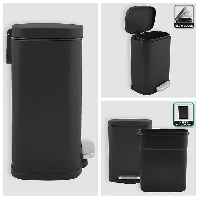 Spirella Cubo con pedal Akira - 5 l, Acero inoxidable, Negro - Imagen de un cubo de basura negro con pedal y tapa de cierre suave. Incluye un inserto de plástico extraíble hecho de material reciclado.
