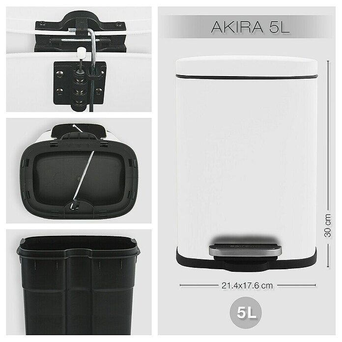 Cubo con pedal Akira (5 l, Blanco, Rectangular, Acero inoxidable)