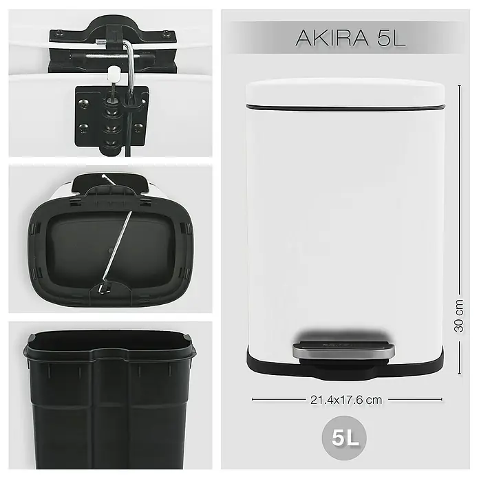 Spirella Cubo con pedal Akira - 5 l, Acero inoxidable, Blanco - Imagen del producto del cubo de pedal blanco AKIRA 5L, que detalla el mecanismo de la tapa, el cubo interior y las dimensiones.