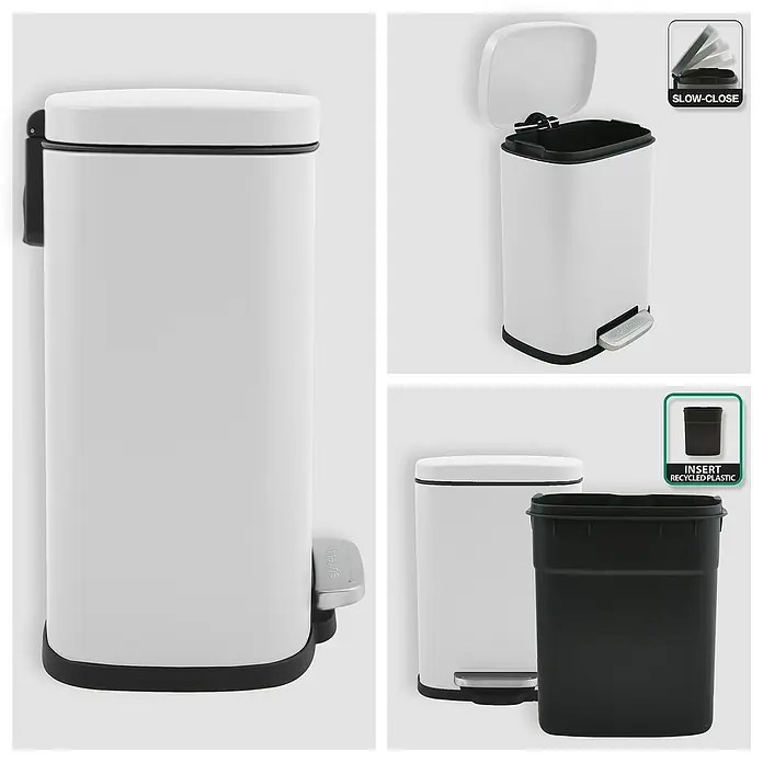 Spirella Cubo con pedal Akira - 5 l, Acero inoxidable, Blanco - Imágenes de un cubo de basura blanco de acero con borde negro, que incluye un cubo interior de plástico reciclado.