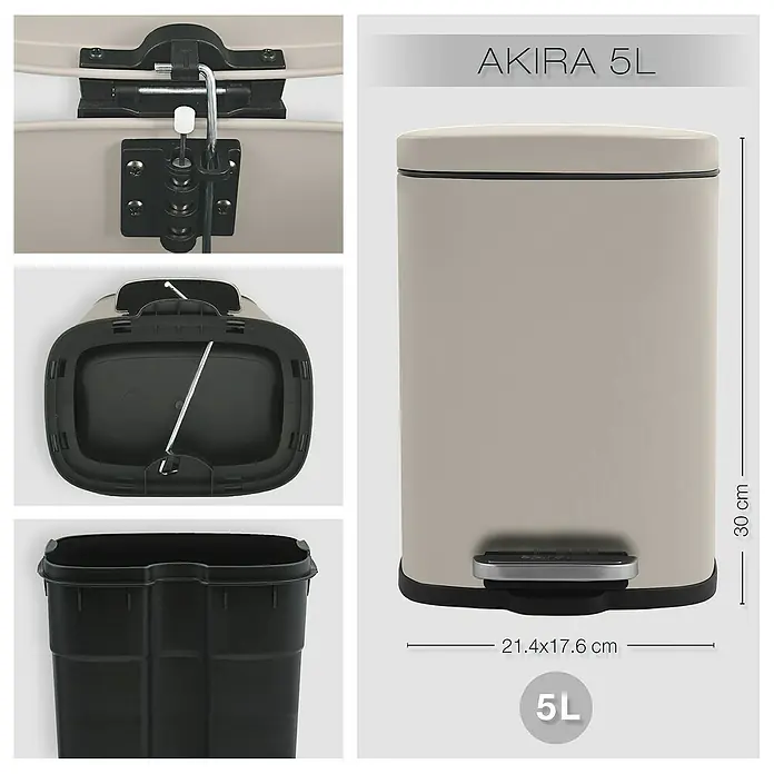Spirella Cubo con pedal Akira - 5 l, Acero inoxidable, Topo - Vistas de un cubo de basura a pedal AKIRA 5L beige, mostrando los elementos internos y dimensiones de 21.4x17.6x30 cm.