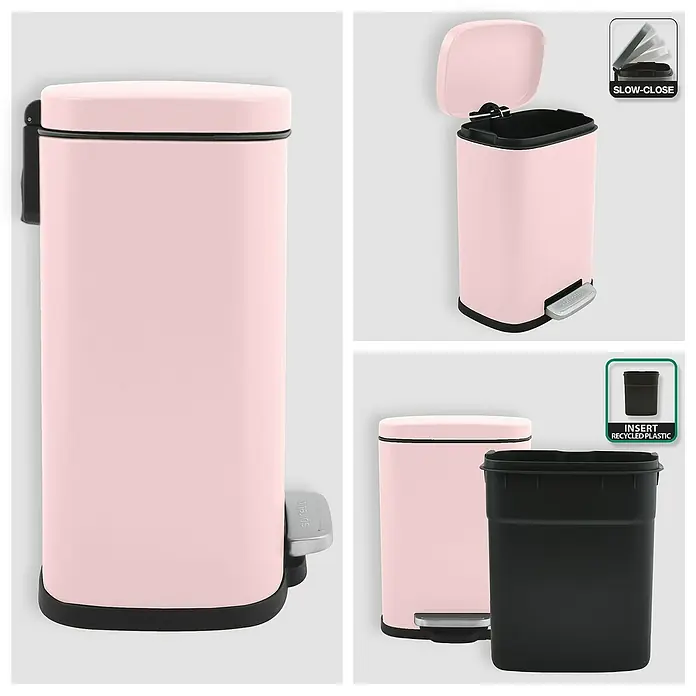 Spirella Cubo con pedal Akira - 5 l, Acero inoxidable, Rosa - Diferentes vistas de un cubo de basura de pedal rosa de acero inoxidable, con un cubo interior de plástico extraíble y cierre silencioso.