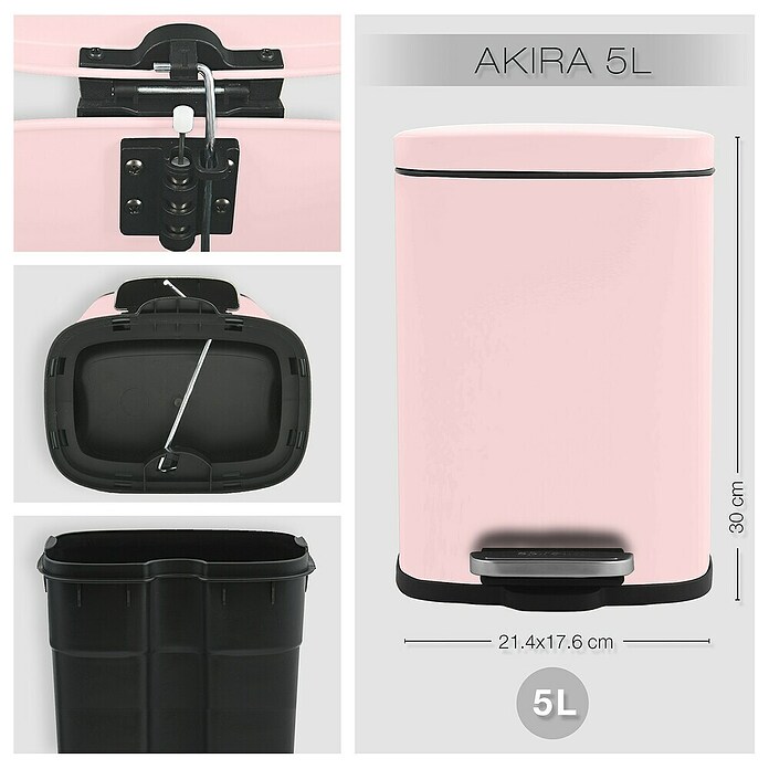 Spirella Cubo con pedal Akira (5 l, Rosa, Rectangular, Acero inoxidable)