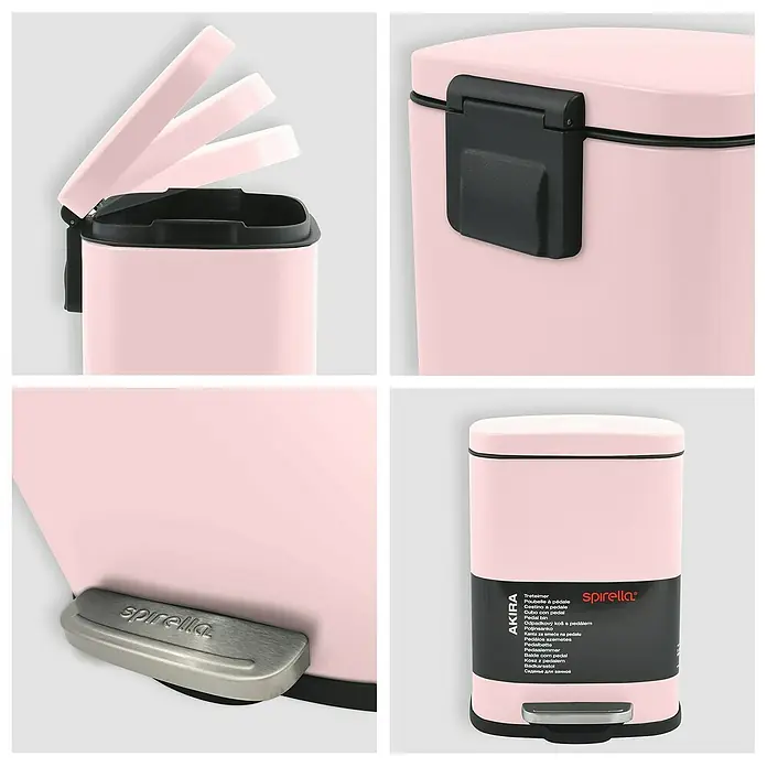 Spirella Cubo con pedal Akira - 5 l, Acero inoxidable, Rosa - Vista detallada de una papelera de pedal rosa "Spirella Akira", que combina funcionalidad con un diseño elegante.