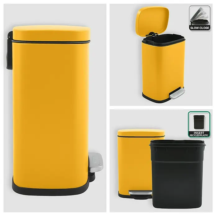 Spirella Cubo con pedal Akira - 5 l, Acero inoxidable, Mango - Cubo de basura amarillo con pedal, tapa e inserto extraíble de plástico reciclado. Diseño práctico y elegante para cocina y baño.