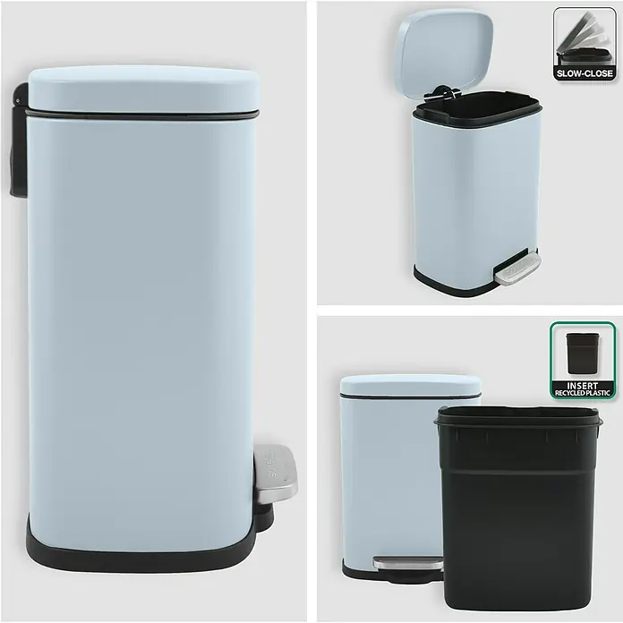Spirella Cubo con pedal Akira - 5 l, Acero inoxidable, Azul claro - Imágenes de un cubo de basura de pedal azul claro con tapa de cierre suave y un inserto de plástico reciclado extraíble.