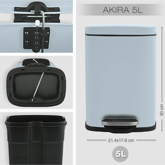 Spirella Cubo con pedal Akira (5 l, Azul claro, Rectangular, Acero inoxidable)