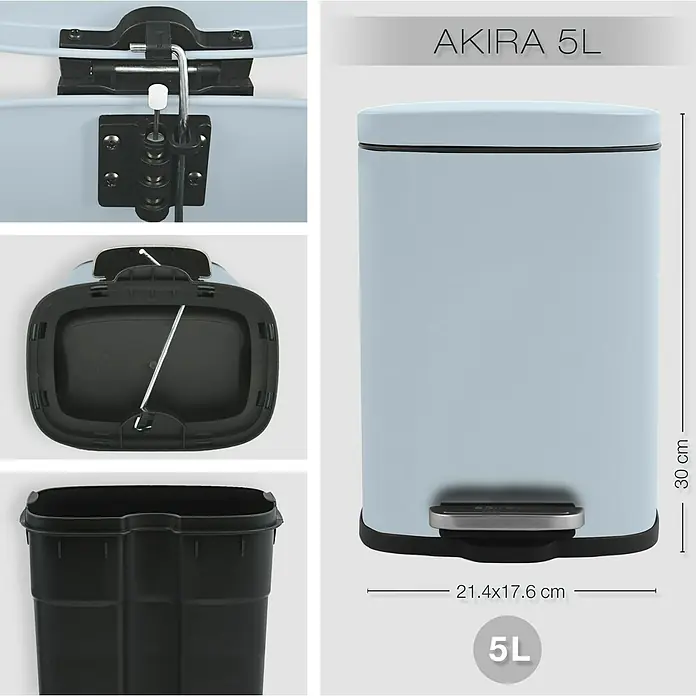 Spirella Cubo con pedal Akira - 5 l, Acero inoxidable, Azul claro - Primer plano del diseño del cubo de pedal AKIRA 5L, que muestra diferentes perspectivas y dimensiones.