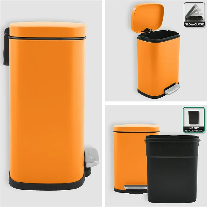 Spirella Cubo con pedal Akira - 5 l, Acero inoxidable, Naranja - Vistas diferentes de un cubo de basura de pedal naranja, con un inserto de plástico extraíble y una tapa de cierre suave.