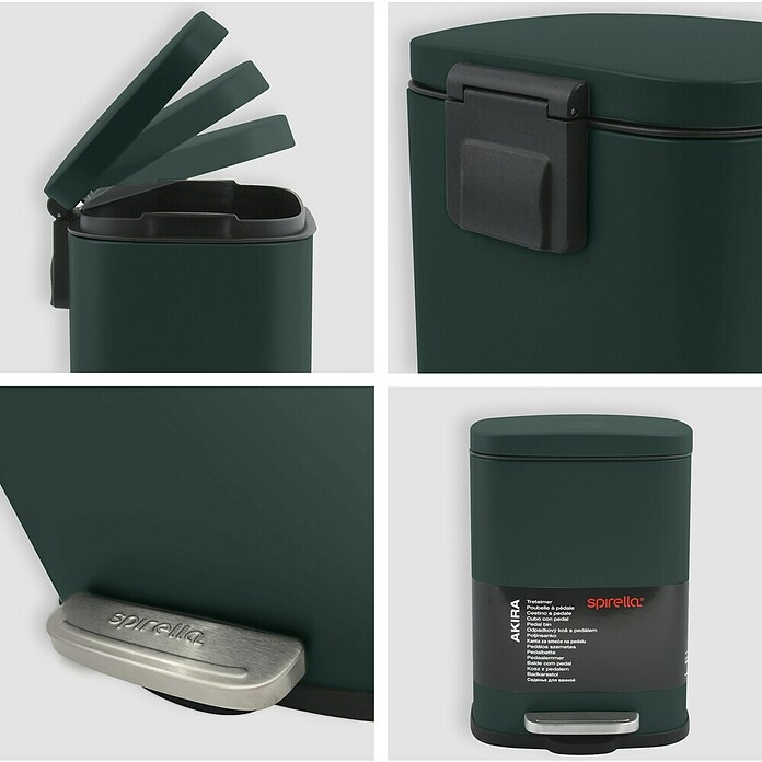 Spirella Cubo con pedal Akira (5 l, Verde oscuro, Rectangular, Acero inoxidable)