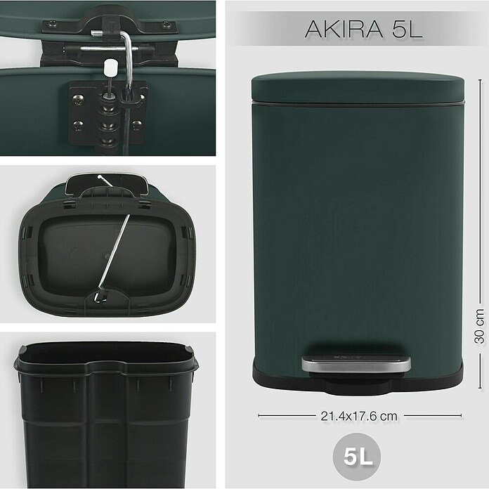 Spirella Cubo con pedal Akira (5 l, Verde oscuro, Rectangular, Acero inoxidable)