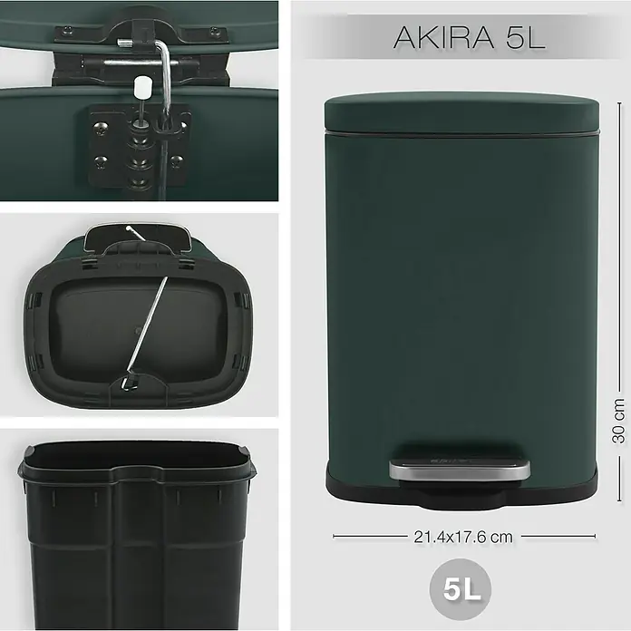 Spirella Cubo con pedal Akira - 5 l, Acero inoxidable, Verde oscuro - Vista del producto del cubo de pedal AKIRA 5L en verde oscuro, detallando la tapa, el interior y las dimensiones.\n